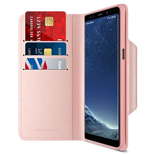 Maxboost Note 8 Wallet Case [Folio Style] [Stand Feature] mWallet Series for Samsung Galaxy Note 8 (2017) [Rose Gold] Card Leather Flip Cover with Hand Strap [Card Slot/Side Pocket] Magnetic Closure