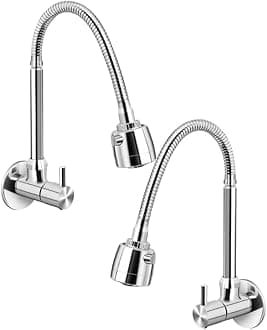 Azera Dual Flow Chrome Wall Mount Brass Kitchen Sink Tap with Flexible Neck | Dual Sprayer Function 2 Way Shower Foam and Flow for Home Restaurants (Dual Siliver)