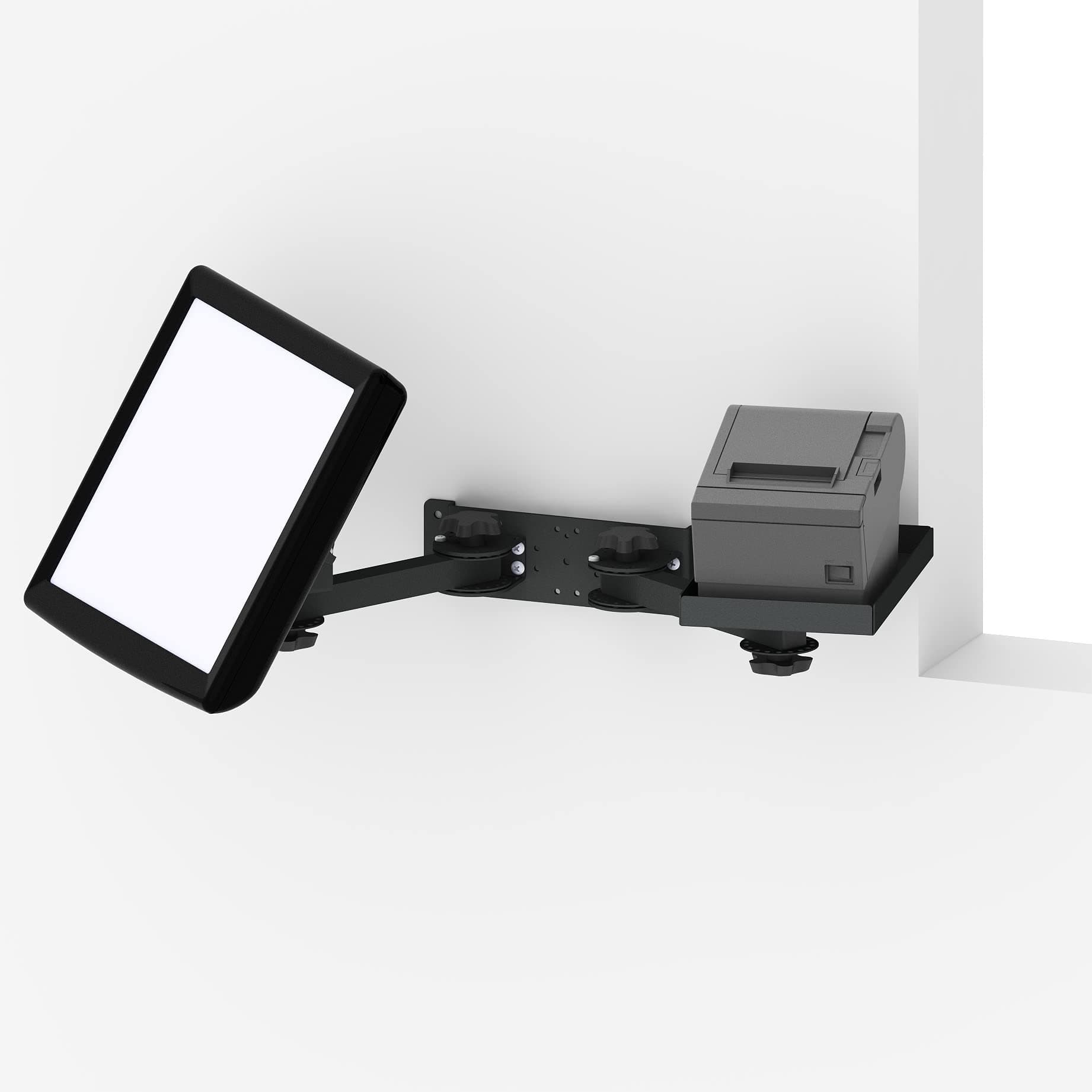 Practical Quality Systems Wall Mount with Two 8 inch arms, a 75/100mm VESA Compatible Screen Pan and Tilt Head and a Flat Printer Tray PQS PN 80003