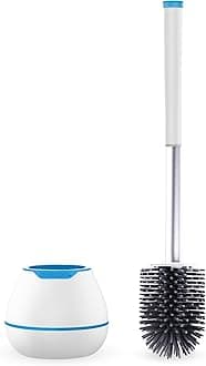 BOOMJOYToilet Brush and Holder Set, Silicone Toilet Bowl Cleaner Brush, Toilet Scrubber Brush with Tweezers for Bathroom Cleaning, RV Accessories and House Organization Must-Haves - White & Blue
