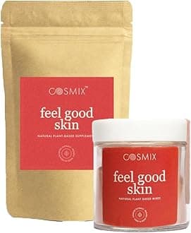 Cosmix Feel Good Skin | For Nourished and Healthy Skin| Supports Collagen Production | Superfood Blend with Bamboo Shoot & Centella | 60g (Jar + Refill Pouch) - 40 servings each | Plant Based