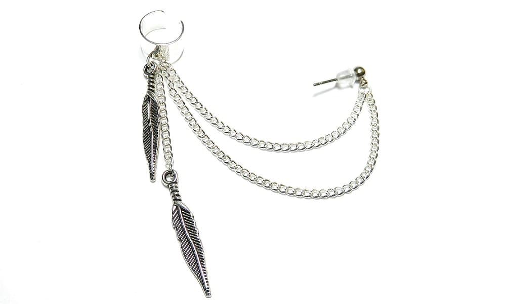 Silver Feather Dangle Chain Ear Cuff Earring Handmade
