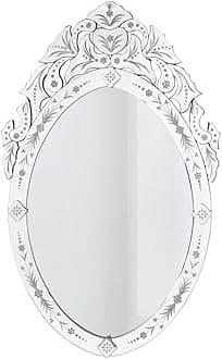 KOHROS Oval Bathroom Mirror 42" x 24" Venetian Mirror with Top Crown Floral Etched Frameless Decorative Wall Mirror for Vanity Bathroom Bedroom Living Room