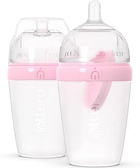 Inttero Preload/Formula Mixing Baby Bottle with Anti-Colic & Air-Free System - 9oz - 2 Pack (Cute Pink, Medium Flow)