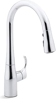 KOHLER 597-CP Simplice Pull Down Kitchen Faucet, 3-Spray Faucet, Kitchen Sink Faucet with Pull Down Sprayer, Polished Chrome