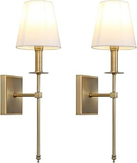 Permo Set of 2 Classic Rustic Industrial Wall Sconce Lighting Fixture 2 Pack Wall Light with Flared White Textile Lamp Shade and Antique Brass Tapered Column Stand