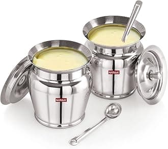 NATULIX Stainless Steel Ghee Pot | Oil Pot | Ghee Pot with Spoon and Lid | 400ml | Silver | 400ml | Pack of 2