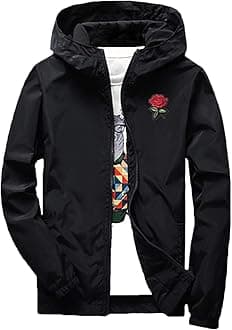 RexcyrilMen's Rose Floral Windbreaker Hooded Jacket Lightweight Casual Full Zip Flower Coat