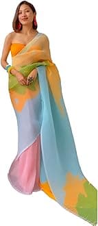MISILYwomen's Full Crushed Georgette Tri-color saree with blouse piece