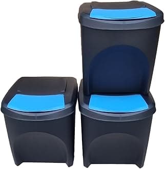 Large Stackable Recycling Bins Set of 3x25L (Brand KrysGo) - Customizable Lids with Recycling Stickers - Waste Sorting for Home, Kitchen, Office (Black + Blue)