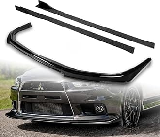 Stay-Tuned, 9PCS ABS R-Style Front Bumper Lip Spoiler Body Kit + Universal Side Skirts, Compatible with 2008-2015 Mitsubishi Lancer Evolution EVO X, Exterior Accessory (Painted Black)