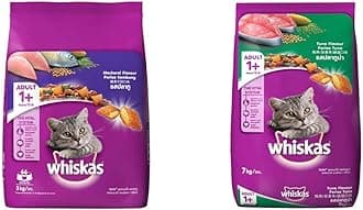 Whiskas Adult (+1 Year) Dry Cat Food, Mackerel Flavour, 3Kg Pack & Adult (+1 Year) Dry Cat Food, Tuna Flavour, 7Kg Pack