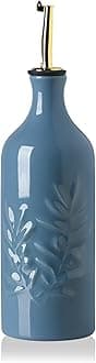 Sweejar Ceramic Olive Oil Dispenser Bottle 20 Oz Relief Opaque Oil Cruet Protects To Reduce Oxidation Suitable for Storage Vinegar, Soy Sauce, Coffee Syrup, Liquids, Set of 1 (Fogblue Gold Spout)