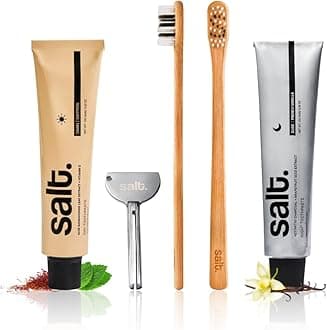 - Salt Oral Care Dawn Day & Dusk Night Toothpaste Duo with Squeezer Key + Eden Biodegradable Bamboo Toothbrush (Set of 2) | Nano Hydroxyapatite Toothpaste | Eco-Friendly Day & Night Oral Care Kit for Men & Women