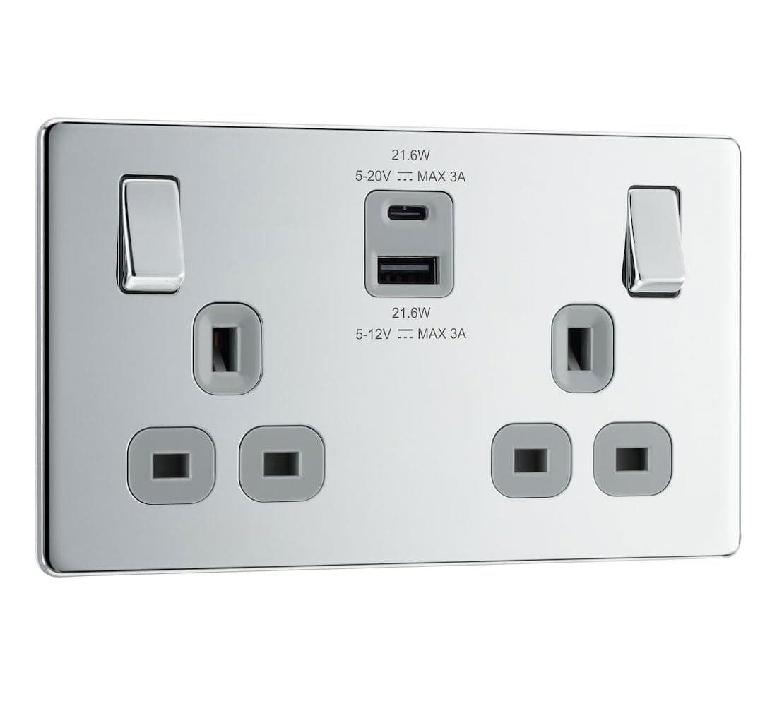 BG Electrical 22W Double Switched Power Wall Plug Socket with Fast Charge Type A and C USB Ports, Screwless, Flatplate, Polished Chrome, Grey Inserts, 13A, FPC22UAC22G