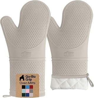 GORILLA GRIP BPA-Free Soft Silicone Oven Mitts, 14.5x8.3, Heat Resistant and Waterproof Cooking Gloves, Thick Cotton Lining, Flexible Gripping for Baking Grilling, Kitchen Potholders Set of 2, Almond