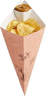 Cone Tek 9.5 Inch French Fry Cones 100 Recyclable Food Cones - Built-In Sauce Cup Grease-Resistant Lining Bamboo Print Paper Snack Cones For Appetizers And Charcuterie