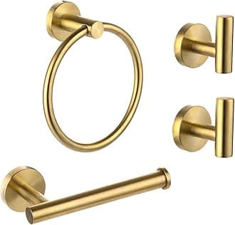 Ntipox 4 Piece Brushed Gold Stainless Steel Bathroom Hardware Set Include Hand Towel Ring, Toilet Paper Holder,and 2 Robe Towel Hooks,Bathroom Accessories Kit