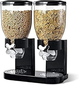 Double Cereal Dispenser Classic Dry Food Double Canister, Dry Food Dispenser Control Storage Container, Great for Cornflakes, candy, nuts, beans, granola - Kitchen Storage Dispenser, Black
