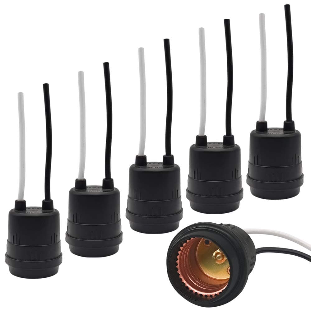 Waterproof Lamp Socket, 6 Pack Black Pigtail Lamp Holder Socket, E26/E27 Fully Sealed Rainproof Light Sockets, 250V-660W