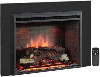 PuraFlame Western 33" Electric Fireplace Insert with Trim Kit, Fire Crackling Sound, Resin Log, Remote Control, 750/1500W Heater, Black