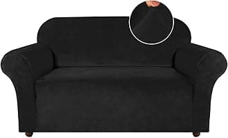 Turquoize Velvet Loveseat Covers Stretch Love Seat Couch Covers for 2 Cushion Couch Velvet Sofa Cover with Non Slip Elastic Bottom Furniture Cover Crafted from Soft Fabric (Loveseat, Black)