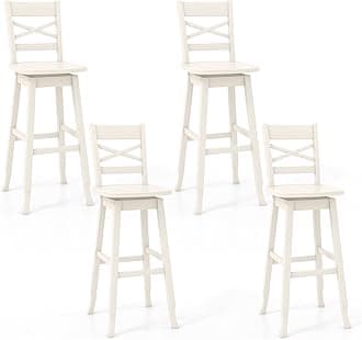 COSTWAY 30-Inch Bar Height Stool Set of 4, Rubber Wood Swivel Bar Stool with Inclined Backrest, Curved Seat & Footrest, Bar Chair for Kitchen Island & Pub (4, Cream)
