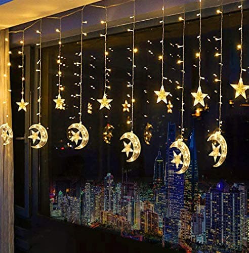 Domoos 138 LED String Lights, Moon Star Curtain String Lights with 8 Flashing Modes Decoration for Wedding Party Home Garden Bedroom Outdoor Indoor Wall Window Christmas Tree