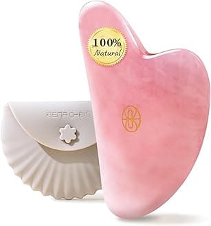 Rena Chris Gua Sha Facial Tools, Rose Quartz Guasha Tool for Acupuncture, Manual Massage Tool for Jawline Sculpting and Puffiness Reducing, Gua Sha Facial Massage Tool with Silicone Case (Rose Pink)