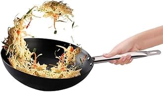 amicus Kitchen Iron Kadai/Woks for Cooking & Deep Frying, Pre-Seasoned Iron Kadhai/Woks Fry Pan (Woks Flat - Induction Compatible, 25 Cm) - Black