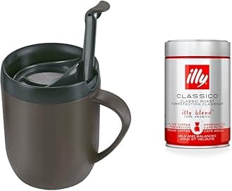 Zyliss Hot Mug Cafetiere, Plastic/Silicone, Grey, Travel Mug & illy Classico Filter Coffee, Medium Roast, 100% Arabica Coffee Beans, 250g