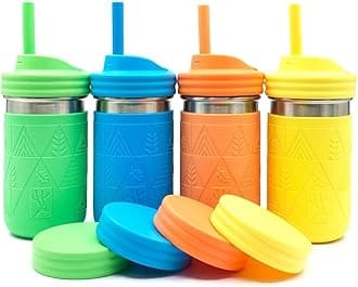 14oz Stainless Steel Kids + Toddler Drinking Cups | The Original Mason Jar with Sleeves + Lids | Silicone Straws | Smoothies | Storage Jar | Spill Resistant | Dishwasher Safe | 4 Pack
