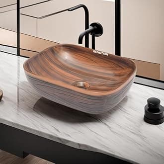 REMOTION Wooden Style Designer Wash Basin Countertop | Tabletop Ceramic Bathroom Sink | Wash Basin For Bathroom (18 x 13 x 5.5 Inch) (Wodeen Style Designer Basin-8)
