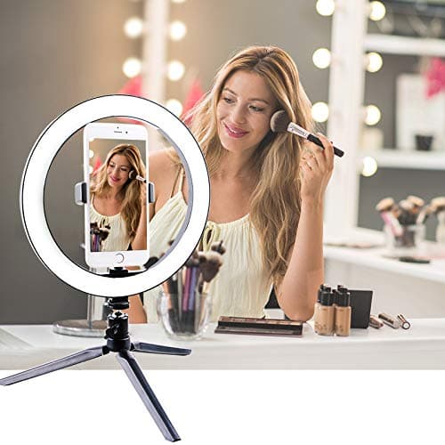 Makeup Ring Light with Stand, ConpConp 26CM Dimmable LED Ring Light with 3 Lighting Mode & 10 Level Brightness, Tripod Stand & 270°Rotatable, 2.56-3.15" Phone Holder, M1/4" Connector, USB Power