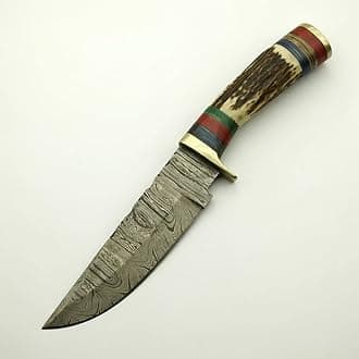 Damascus Steel Hunting- Skinning Knife with Stag Antler Handle With Leather Sheath for EDC, Camping, Hiking