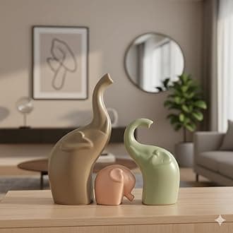 Elephant Family Matte Finish Ceramic Figures | Home Decor Living Room Decorative Items Showpieces House Warming Gifts for New Home | Grey Light Green Pink | (Elephant Family 2)