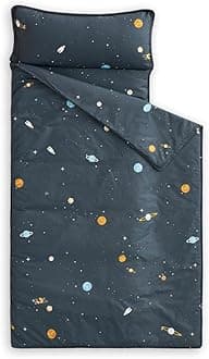 Wake In Cloud - Extra Long Nap Mat with Removable Pillow for Kids Toddler Boys Girls Daycare Preschool Kindergarten Sleeping Bag, Space Stars Rockets on Gray Grey, 100% Cotton with Microfiber Fill