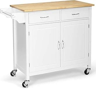 COSTWAY Kitchen Storage Trolley, Rolling Kitchen Island Cart with Rubber Wood Countertop, Adjustable Shelf, 2 Drawers & Towel Rack, Home Restaurant Dining Room Utility Organiser Sideboard (White)