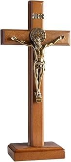 KUXBET Crucifix Cross Catholic 10.7 Inch Wooden Jesus Christ Wall Cross Stand, Hanging or Tabletop with Stand for Home Decor (10.7" L x 5.0" W)