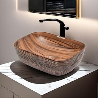 REMOTION Wooden Style Designer Wash Basin Countertop | Tabletop Ceramic Bathroom Sink | Wash Basin For Bathroom (18 x 13 x 5.5 Inch, Wodeen Style Designer Basin 03)