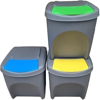 – Large Stackable Recycling Bins Set of 3x25L (Brand KrysGo) - Customizable Lids with Recycling Stickers - Waste Sorting for Home, Kitchen, Office (Grey + Multi Coloured)