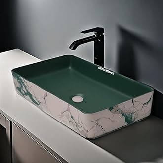 Designer Table Top Wash Basin For Bathroom | Ceramic Bathroom Sink | Wash Basin Over Counter Bathroom Basin (24 x 14 x 4 Inch) (Designer Green N White SL 57)