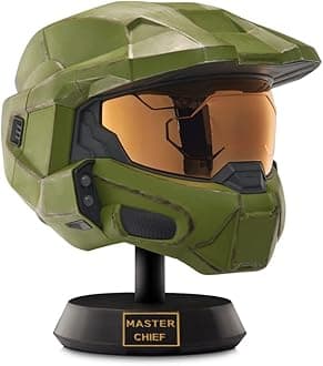 HLW0173 Master Chief Deluxe Helmet with Stand-LED Lights on Each Side-Battle Damaged Paint-One Size Fits Most-Build Universe, Multi