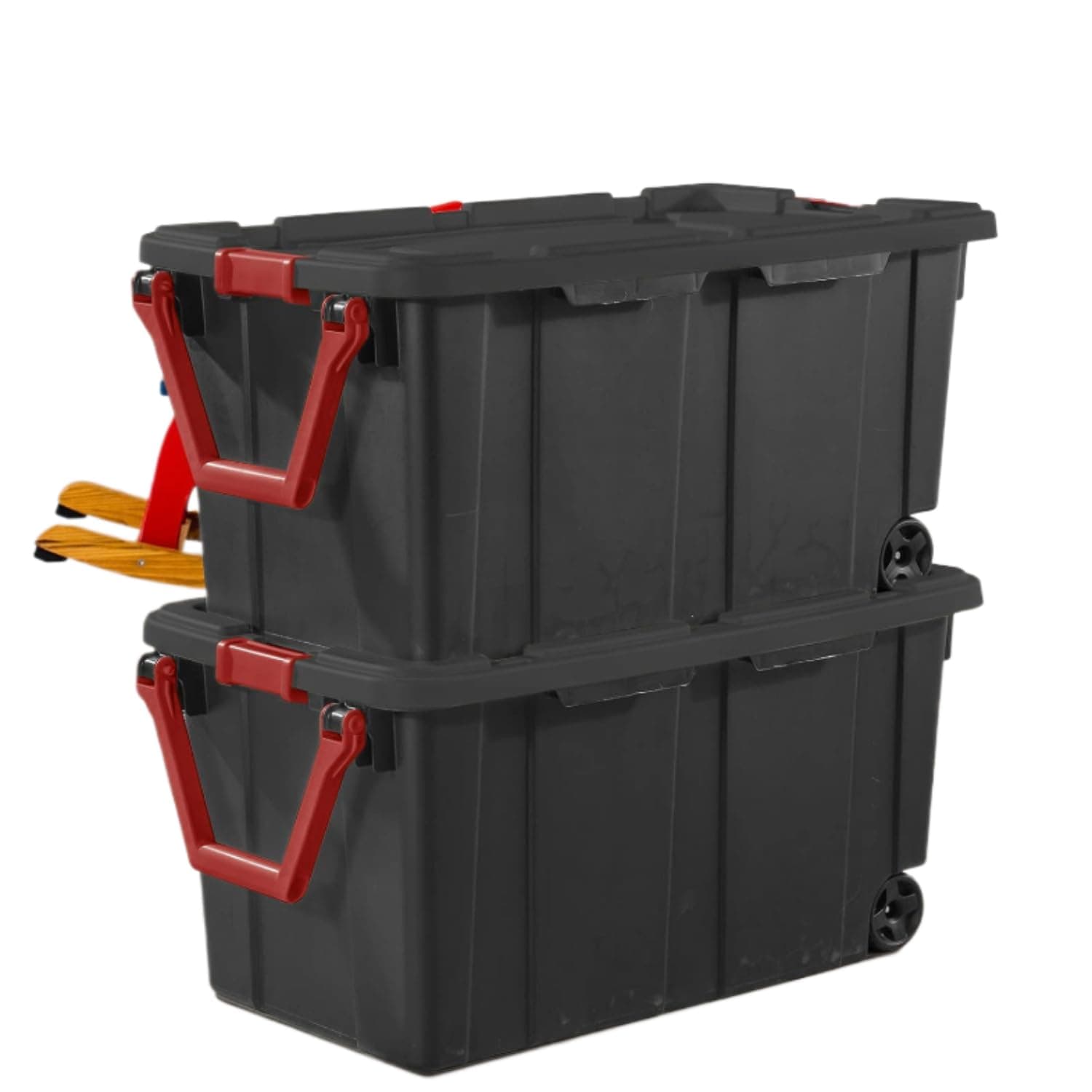 Set of 2 Black 40 Gallon Industrial Tote Plastic Bins with Wheels - Convenient Storage Solution