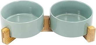 Ceramic Dog and Cat Bowl Set with Wooden Stand, Modern Cute Weighted Food Water Set for Small Size Dogs (13.5OZ) & Medium Sized Dogs (28.7OZ) & Cats (3.6 Cups, 2 × Morandi Green)