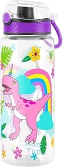 Home Tune Cute Water Bottle for School Kids Girls, BPA FREE Tritan & Leak Proof & Easy Clean & Carry Handle, 23oz/ 680ml (Rainbow Dinosaur)
