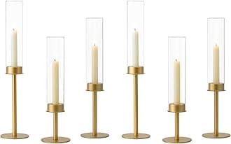 Hewory Gold Candle Holders Hurricane Candlestick Holders, 6Pcs Brass Candle Stick Candle Holder Candelabra, Taper Candle Holders with Glass Candle Cover for Wedding Table Centerpiece Christmas Decor