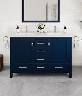 Eviva London 48 Inch Double Sink Vanity - Blue Double Vanity Sinks For Bathrooms - 48 Vanity With Sink And Countertop In Quartz & Undermount Porcelain Sink Combo - 48 Bathroom Vanity With Top And Sink