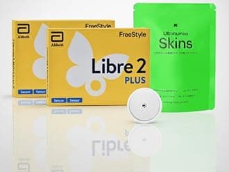 Abbott Freestyle Libre 2 PLUS Sensor pack of 2 for diabetes monitoring CGM for UK, White, plus FREE Arrowedge alcohol wipes and ULTRAHUMAN water proof CGM patches (2)