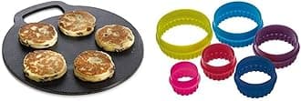 KitchenCraft Round Baking Stone/Cooking Griddle, Cast Iron, Black, 27 cm & Colourworks Plastic Plain and Fluted Round Cookie Cutters, Multi-Colour, Set of Six